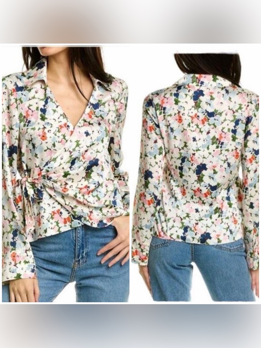 Like New! cinq a sept Cream Wrap Blouse with Multicolor Floral Print